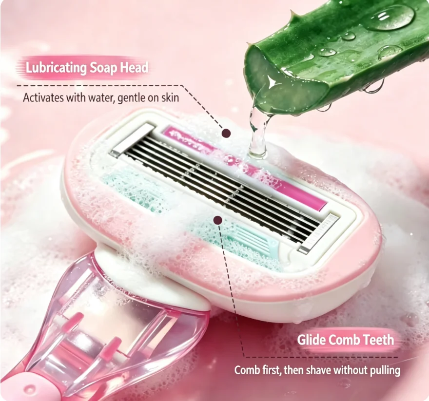 Women's 5-Blade Razor with Long-Handle Soap Head Manual Shaver for Underarm And Private Areas Hair Removal