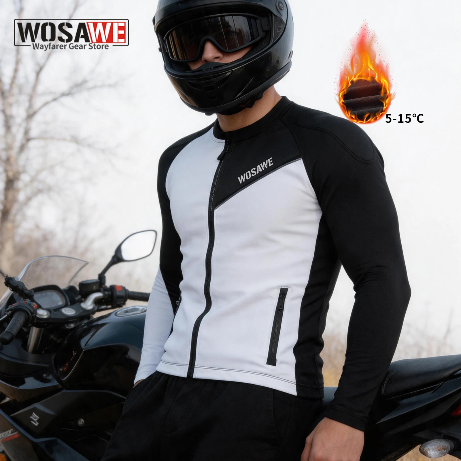 WOSAWE Winter Thermal Fleece Motorcycle Jacket Men Warm Riding Jersey YKK Zipper Motocross Base Layer Long Sleeve Riding Coat