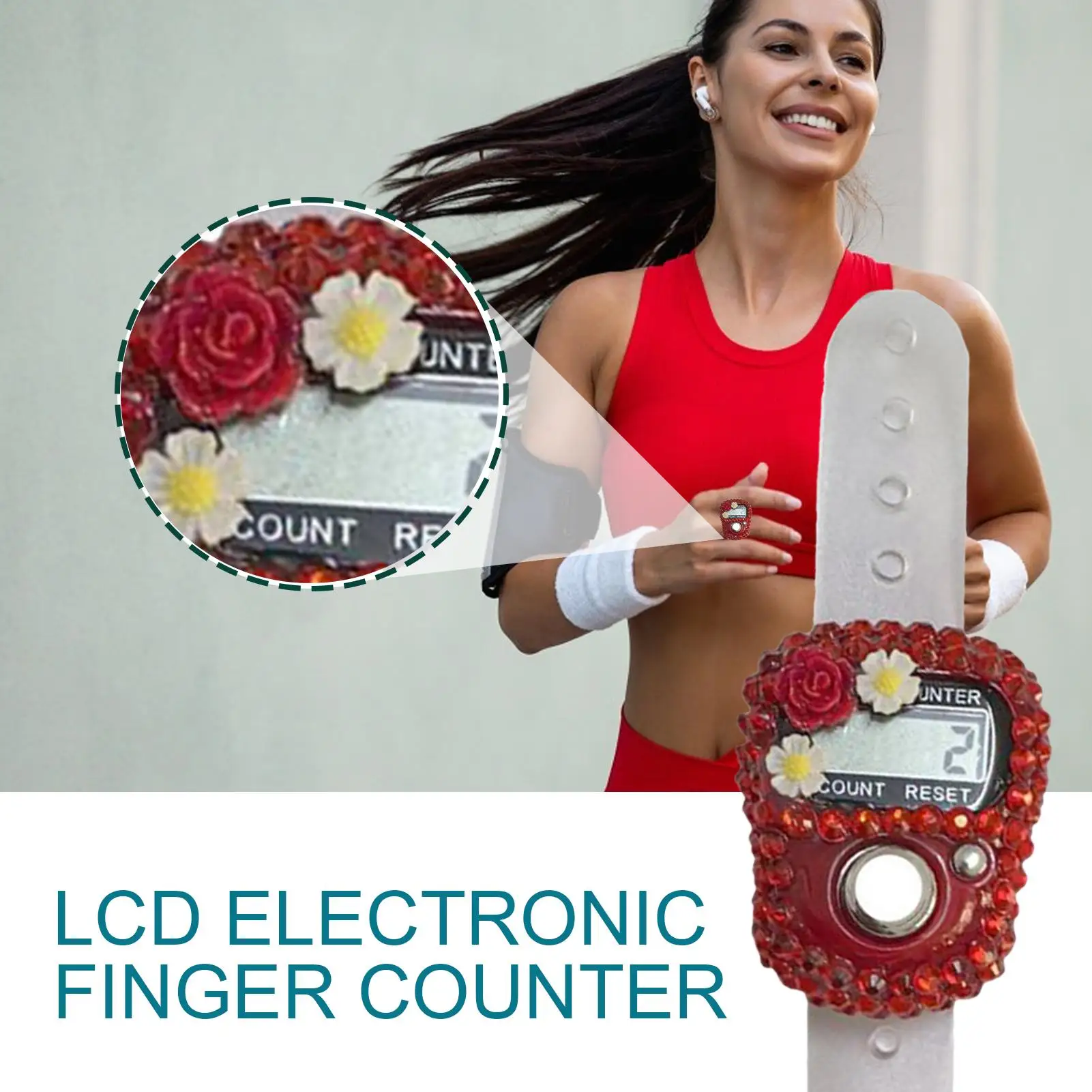 Finger Clicker Counter Flower Rhinestone Design LCD Display Number Tracking Record Ring Adjustable Resettable Counting Maker