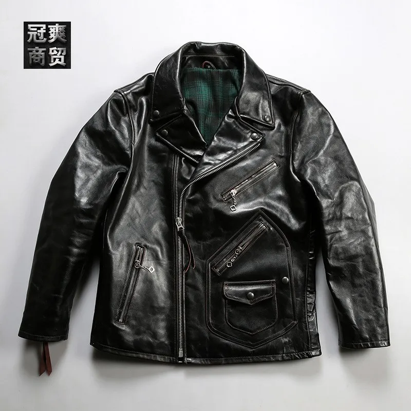 Men's leather with a lapel and diagonal zipper