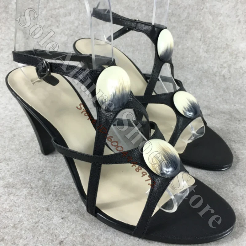 Women Black T Strap Slingback High Heel Sandals Open Toe Faux Horn Round Disc Ornament Adjustable Buckle Ladies Sandals