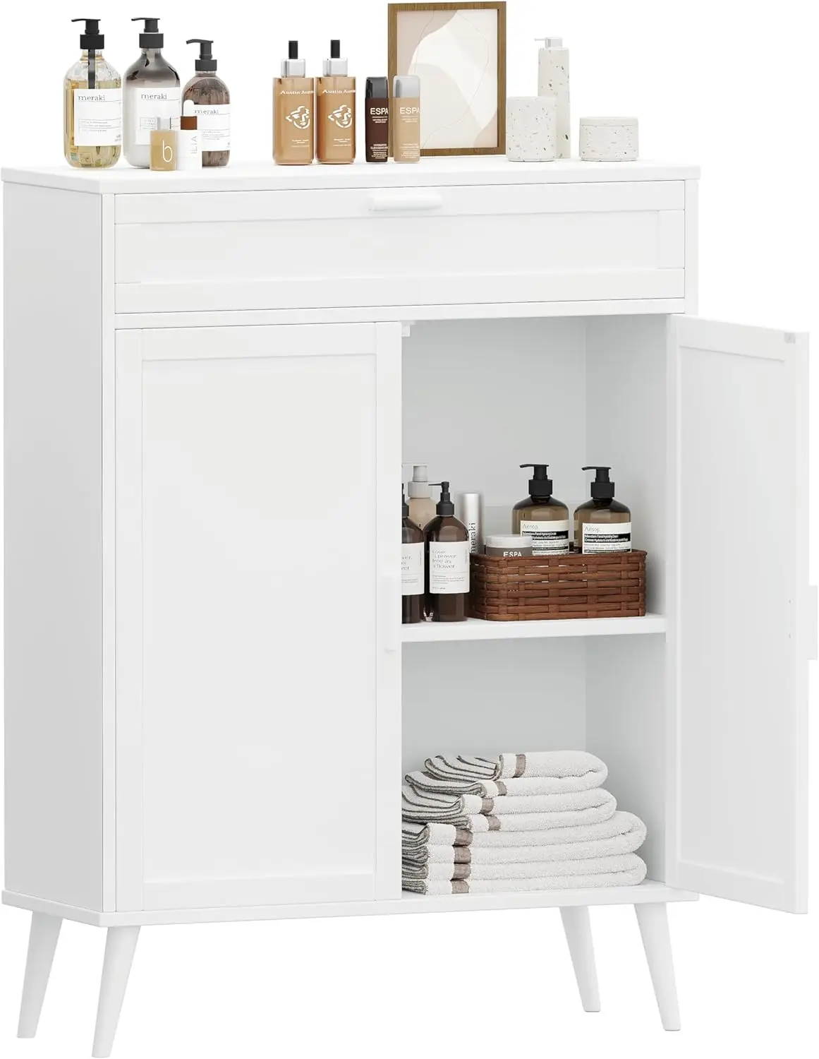 

NEW Accent Floor Storage Cabinet with 2 Doors, Bathroom Cabinet with Large Drawer, Floor Cabinet Organizer, White NEW USA