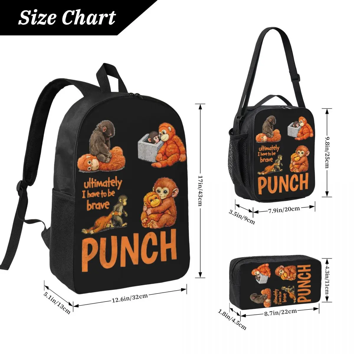 Baby Punch Monkey , Lonely Punch Monkey Kids Backpack Lunch Box Pen Bags for Boys Girls Backpacks Kawaii School bag Bookbag Set