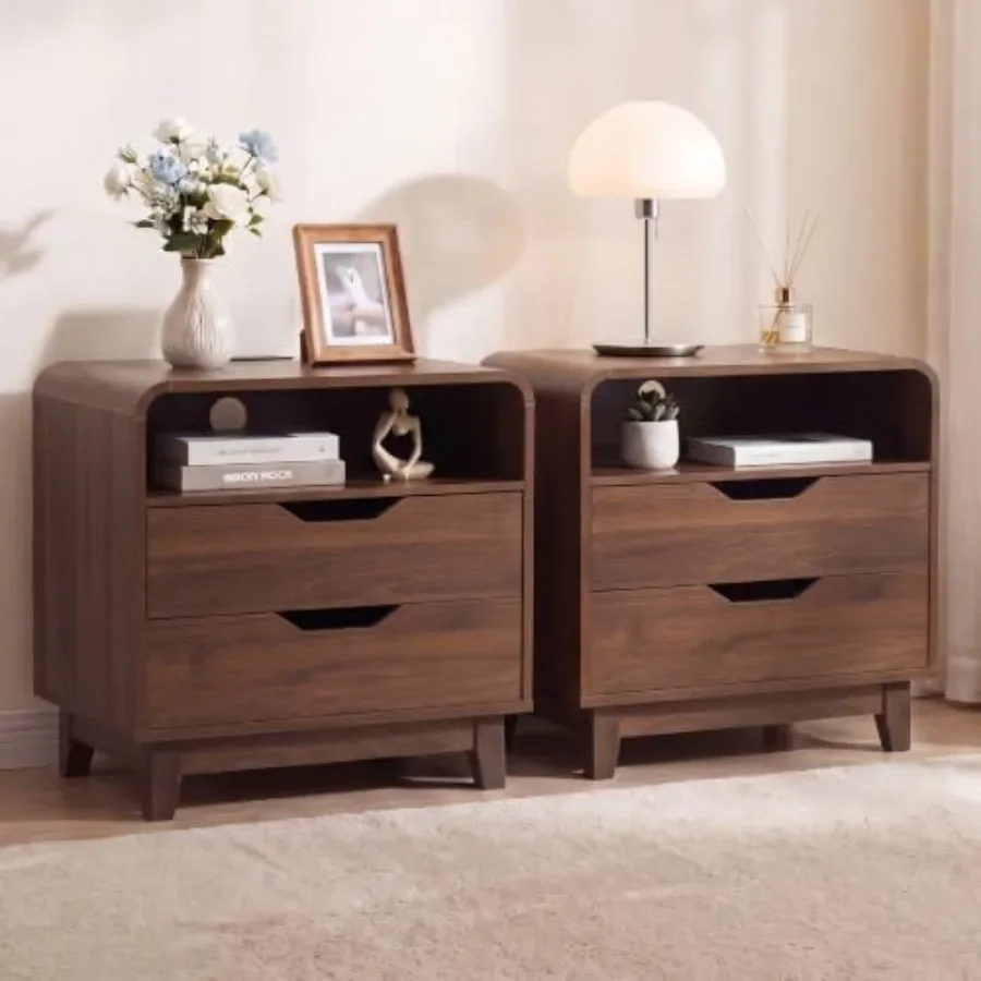 Nightstands Set of 2 with Charging Station, Mid Century Modern Night Stands with LED Light, 23.6
