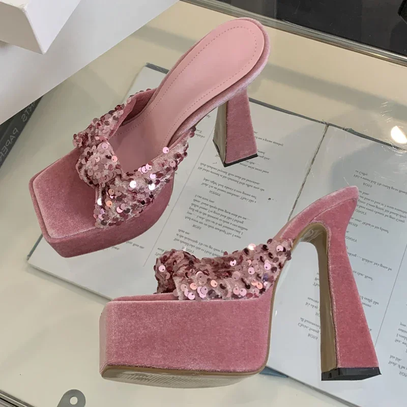 

Aneikeh/модные плиссированные женские тапочки с открытым носком и блестками, летние шлепанцы на платформе, банкетные туфли на высоком каблуке, Zapatos Mujer