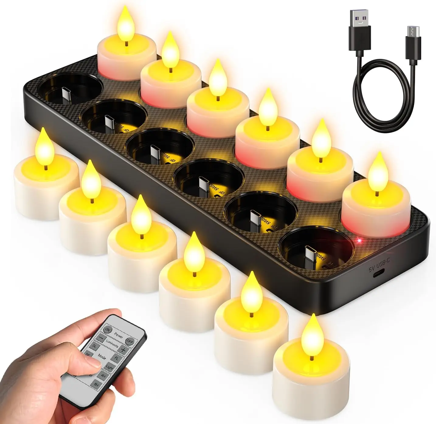 

12pcs USB Rechargeable LED Tea Lights with Remote Control, Timer & Charging Base for Home Decor