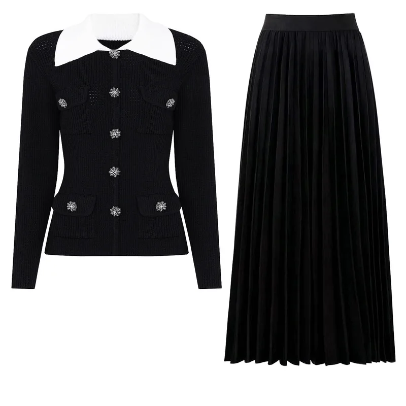 Women 2 Piece Outfit Elegant Contrast Collar Knit Cardigan Top High Waist Pleated Midi Skirt Set Formal Party Daily Wear