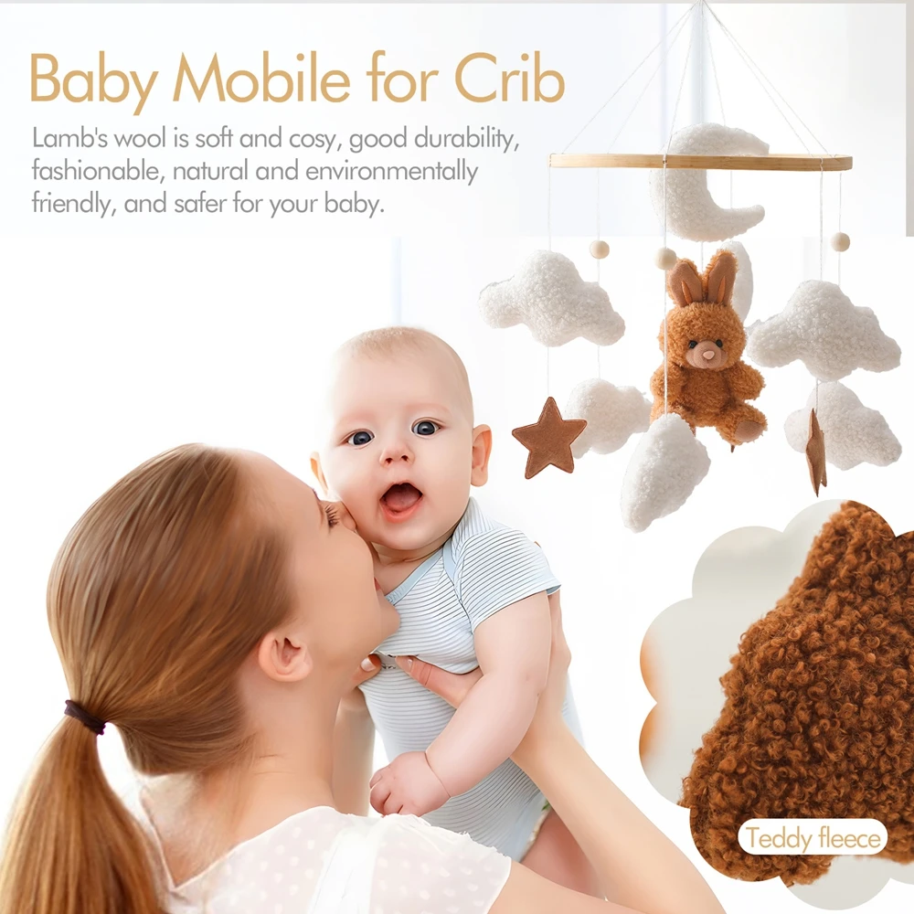 Baby Crib Mobile Wooden Rattle Toy Bed Bell Mobile Hanging Teddy Velvet Bear Doll Toy Newborn Music Box Crib Mobile Bracket Gift