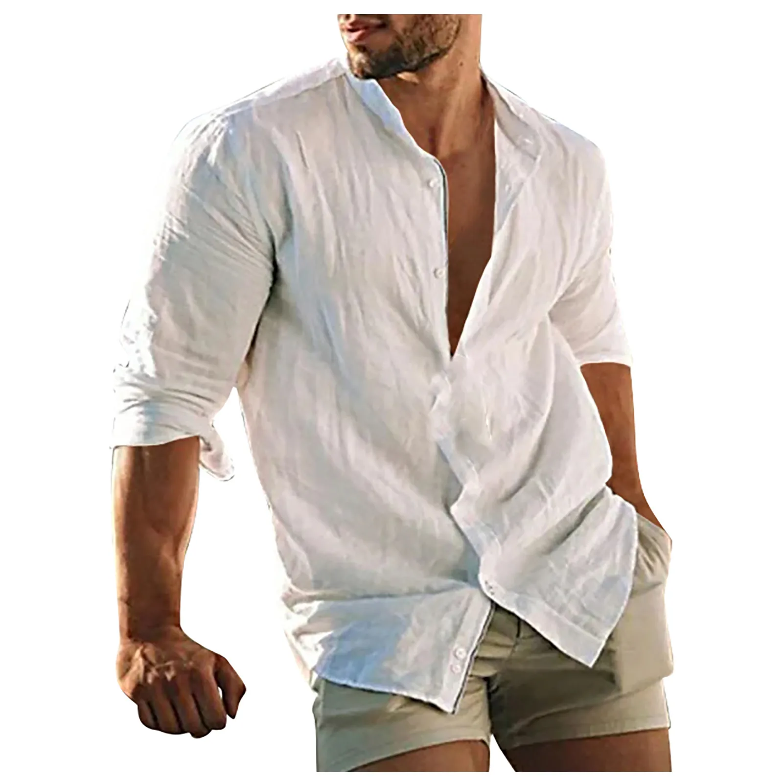 

Mens Cotton Linen Shirt Breathable Casual Solid Colors Loose Turn-down Collar Long Sleeve Button Down Tops Shirts For Man