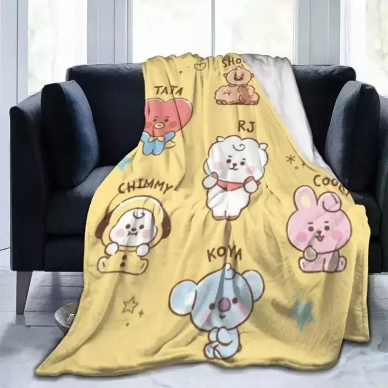 Kawaii Bt21 Blanket Cartoon Home Lightweight Flannel Soft Warm Throw Blanket Suitable for Bed Sofa Travel Camping Office Chair