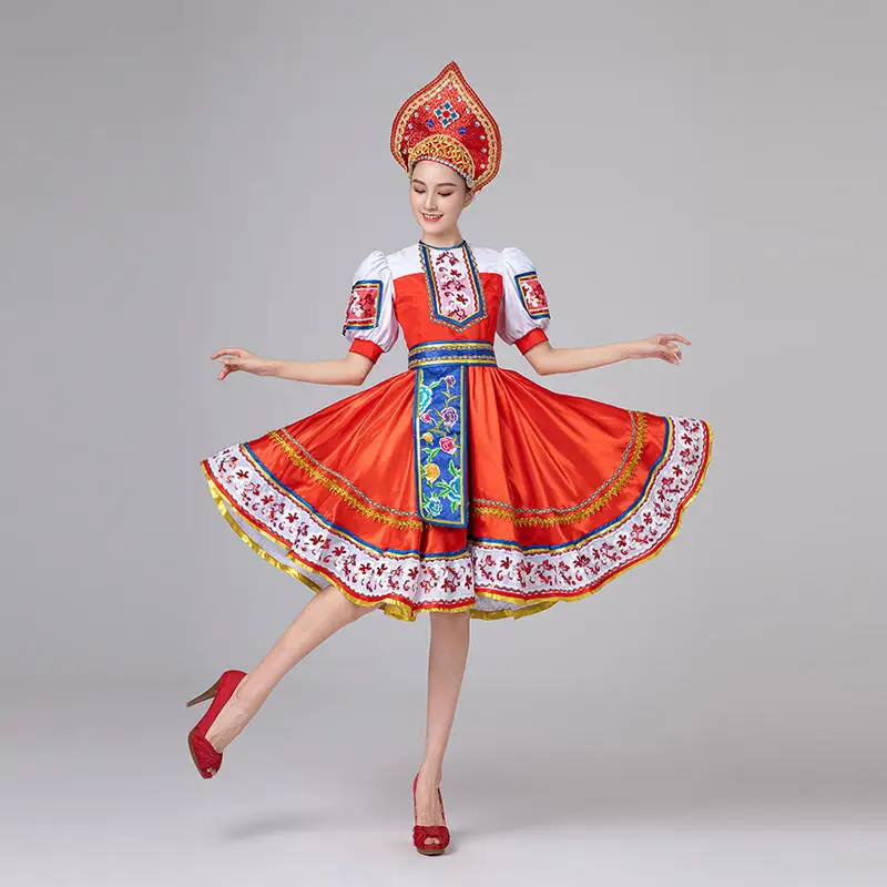 

Ethnic Group Russia Red National Dance Dress With Headwear,Palace Princess European Performance Festival Party Dance Costume