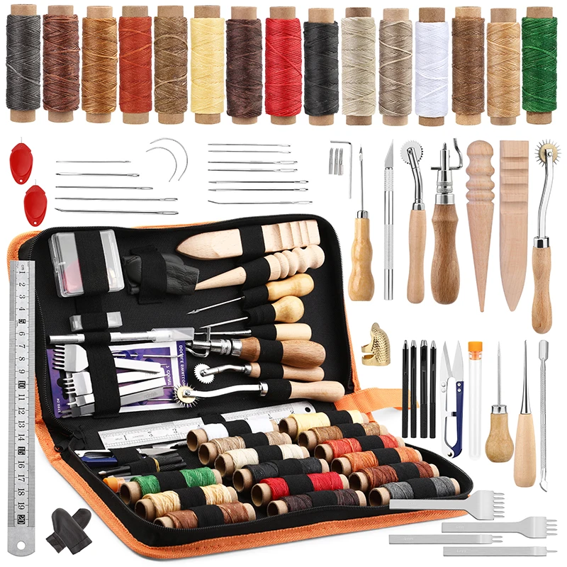 52Pcs/set Leather Sewing Tools Kit DIY Leather Craft Tools Hand Stitching Tool Set with Groover Awl Waxed Thread Thimble