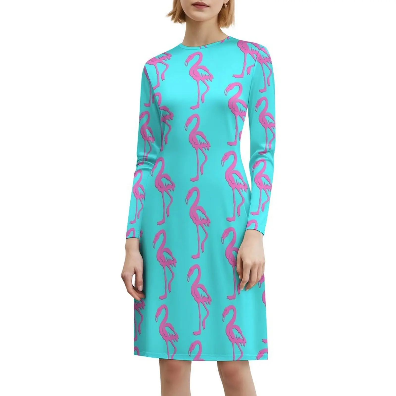فستان قصير من ورق الفلامنغو الوردي على طراز Preppy للنساء على شكل حرف a فضفاض مناسب فستان يوم غير رسمي وردي طائر الفلامنغو صيفي استوائي لطيف