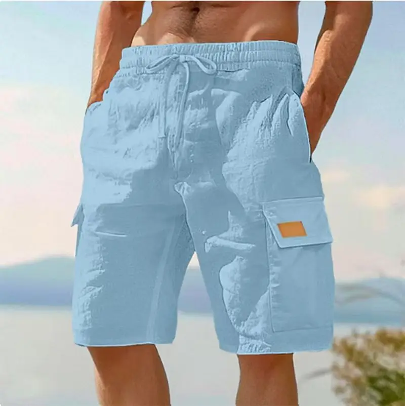 

Summer Cotton And Hemp Shorts Draw Rope Elastic Waist Straight Leg Solid Color Breathable Daily Beach Five Minute Casual Medium