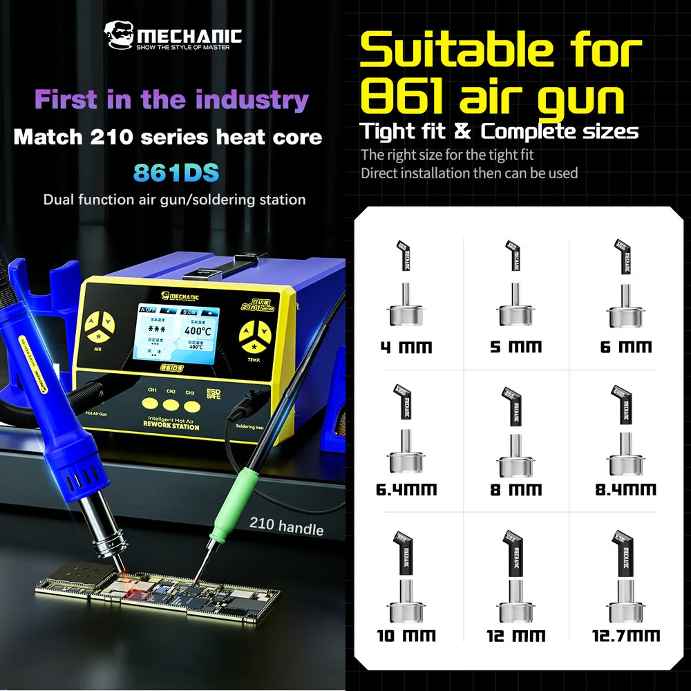

MECHANIC 861DS Soldering Station with Diagonal Airgun Nozzle Fast Heating 3.5" HD Screen & Anti-Clog Design for PCB/SMD Repairs