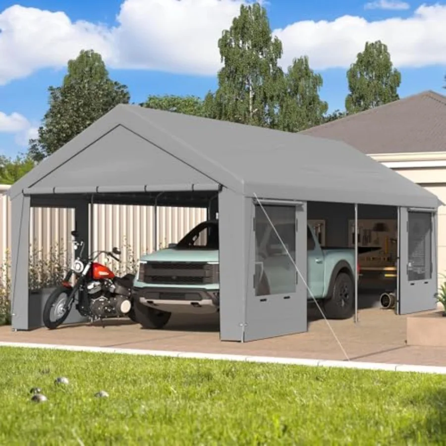 Carport, 12 x 24 FT Heavy Duty Carport with Roll-up Windows, Portable Garage with Removable Sidewalls, Car Canopy with Sandbags