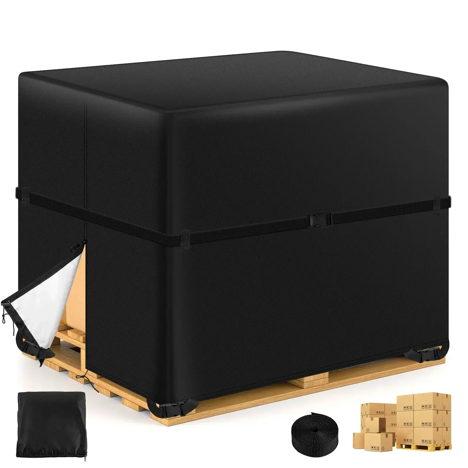 Pallet Covers 48x60x48 Inches - 900D Heavy Duty Waterproof, Triple Protection (Zipper, Reinforced Rope, 4 Buckles)