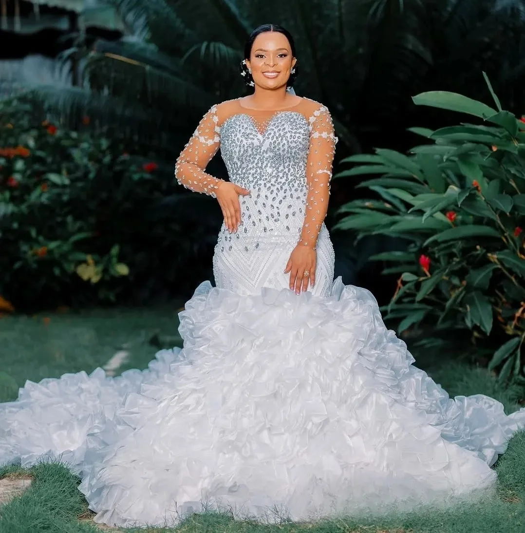 

Luxury Church Wedding Dress Sheer Neck Beads Illusion Long Sleeves Ruffles Organza Mermaid Bride Gowns African Vestidos De Noiva