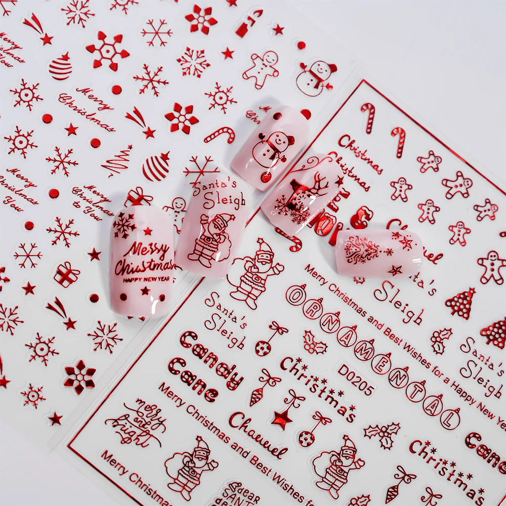 Shiny Gold/Red Christmas Nail Art Stickers Winter Snowman Snowflake Elk Santa Claus Nail Declas 3D Adhesive Xmas Transfer Slider