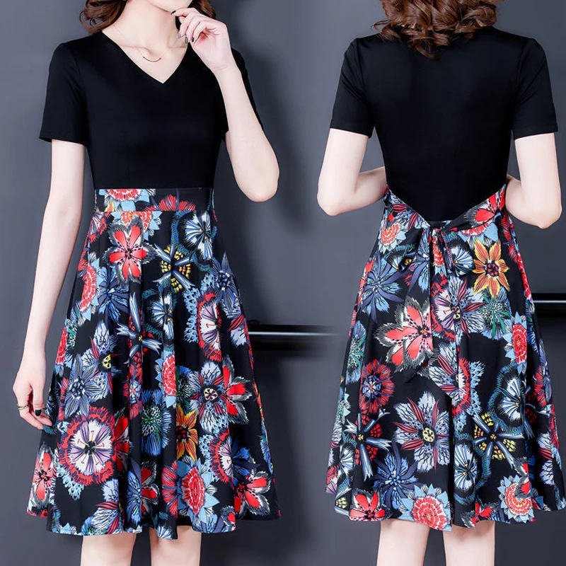 Zomer Nieuwe Bloemenpatchwork Midi-Jurk Met Korte Mouw Nep Tweedelige Damesjurken Elegante Mode Dameskleding