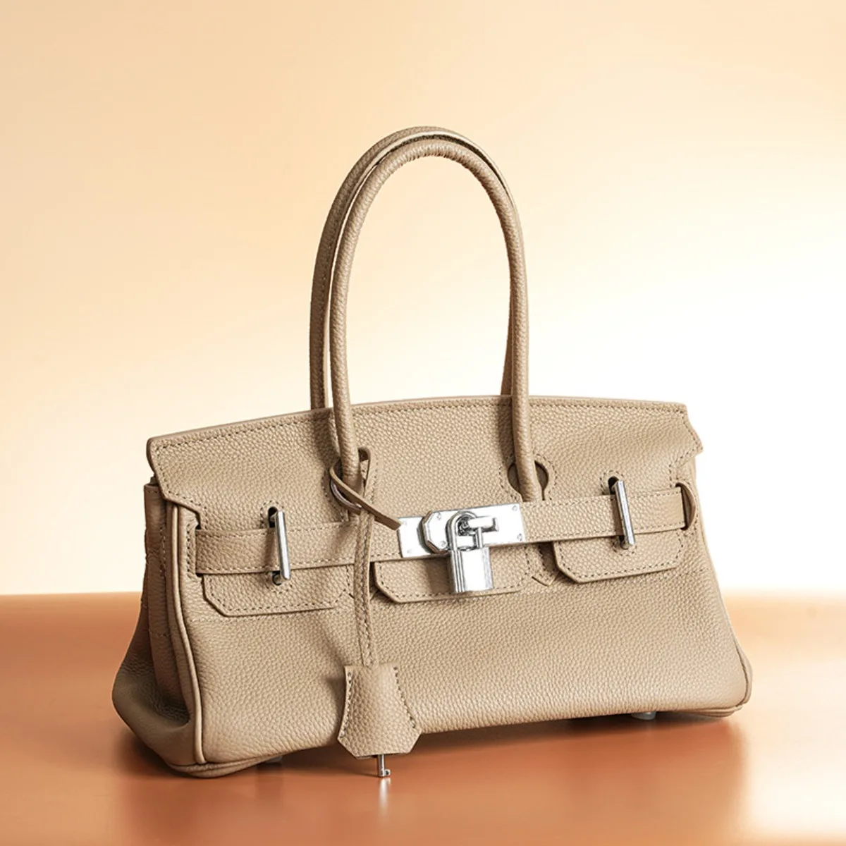 Genuine Top-Grain Cowhide Leather Women's Long Handbag Top Handle Tote Purse Silver-Tone Buckle Elegant Fashion Shoulder Bag
