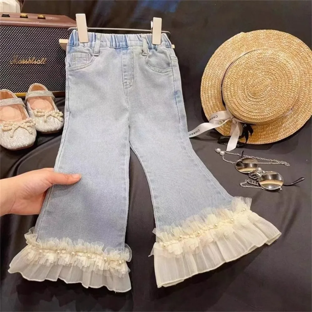 Bear Leader Korean Version Girls' Clothing Lace and Lace Patchwork Jeans for Spring and Autumn New Kids Clothes 2-7-year-old