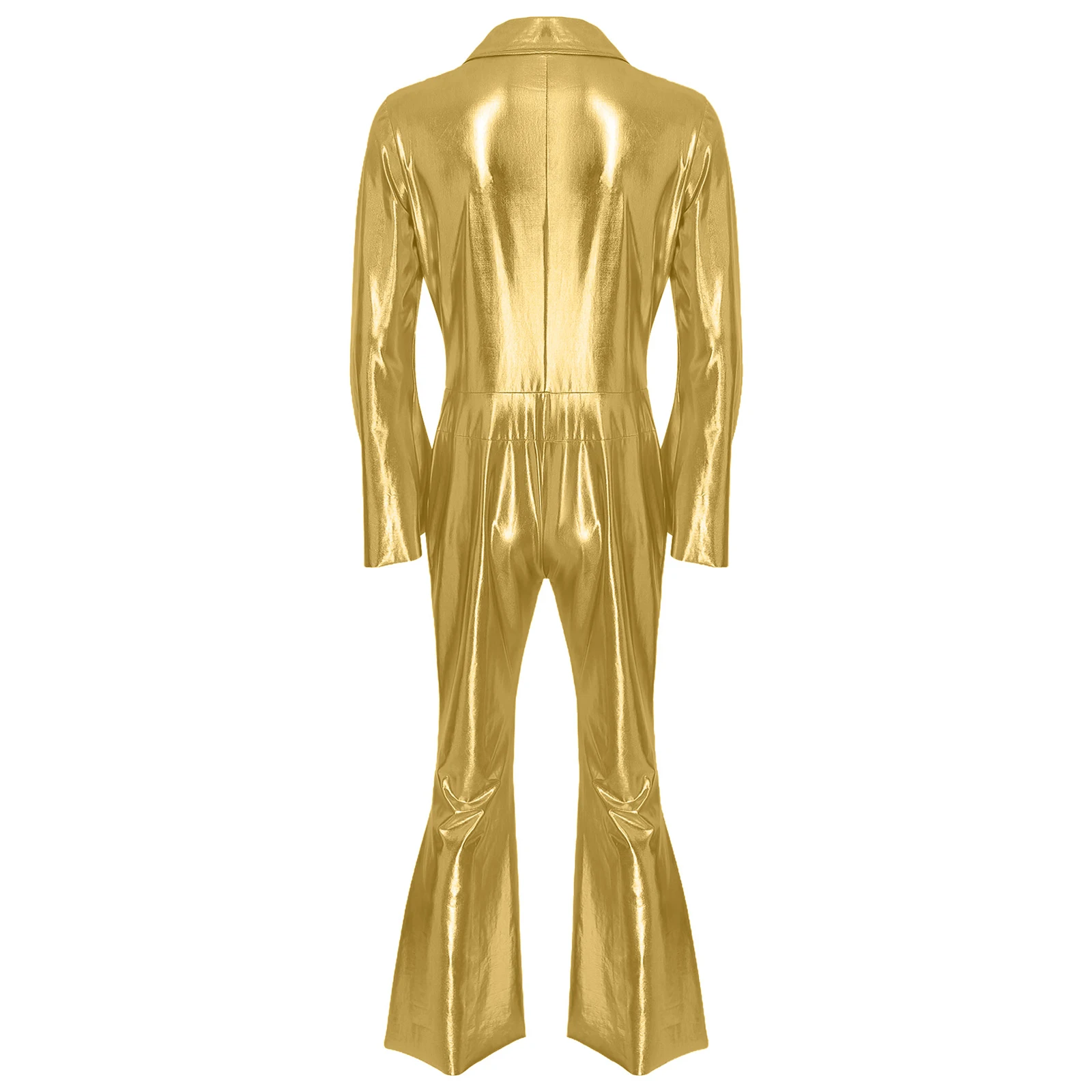 Herren Metallic glänzenden Overall 70er 80er Jahre Disco Tanz Kostüm Langarm Reiß verschluss weites Bein Hosen Stram pler für Vintage Raves Halloween