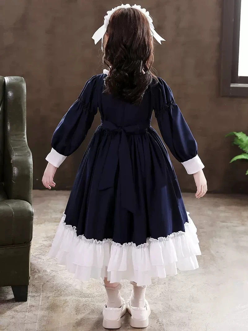 Bambine 2022 nuova primavera estate inghilterra stile Lolita rosso blu principessa per bambini vestito con fiocco in tinta unita per abito da ballo da festa