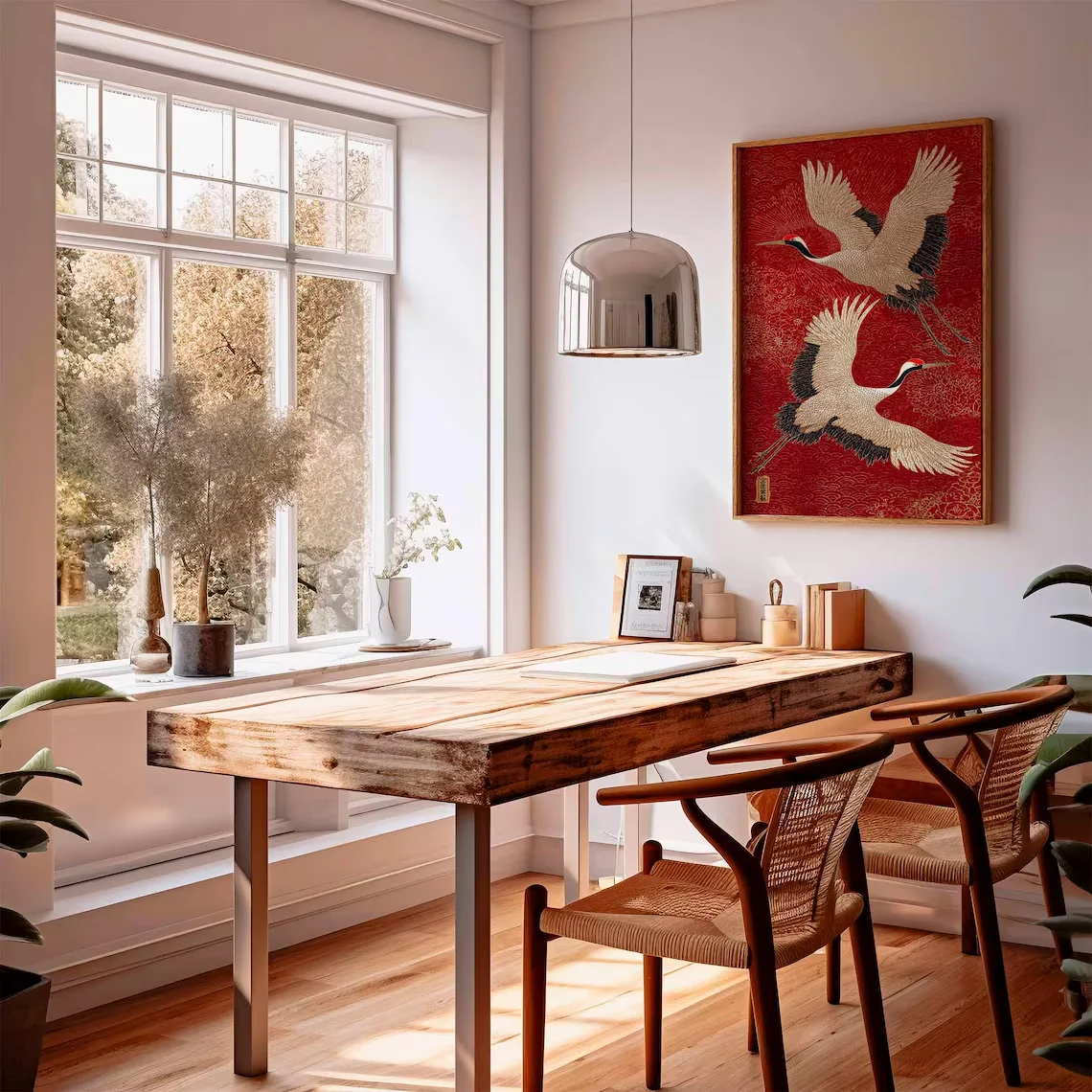 Japanese Crane Wall Art – Red and Gold Oriental Bird Print, Traditional Asian Poster, Elegant Unframed Home Decor