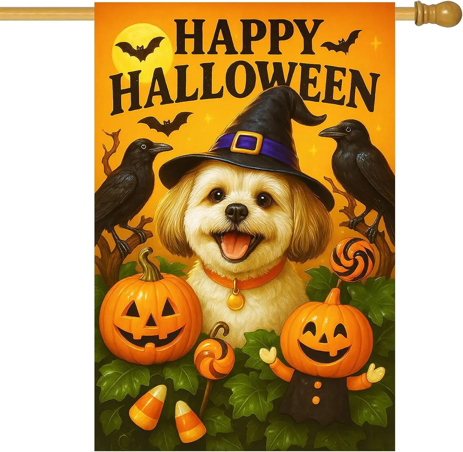 IVN Halloween Shih Tzu Garden Flag 28 x 40 Inch Double Sided House Flag with Witch Hat Pumpkin and Raven Design for Spooky O PPM