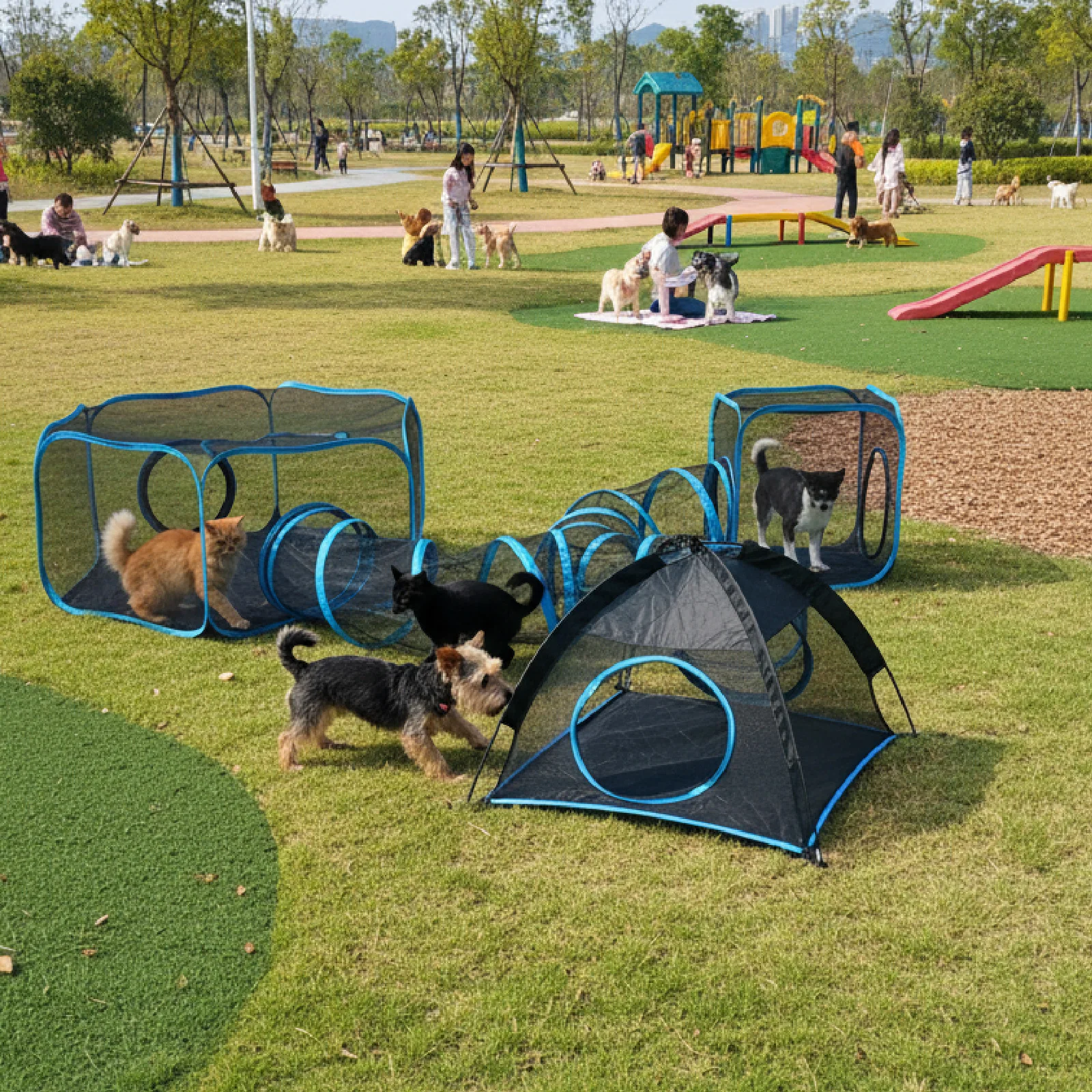 

Портативный сетчатый вольер-домик 4-в-1 для животных с туннелем, для использования в помещении и на улице, простая установка, для кошек и мелких животных