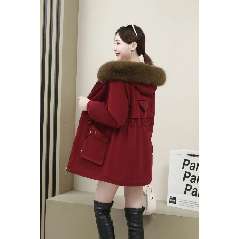 2023 New Women Cotton Coat Winter Jacket Female Plush Thick Parkas Mid Length Version Outwear Artificial Fur Collar Overcoat