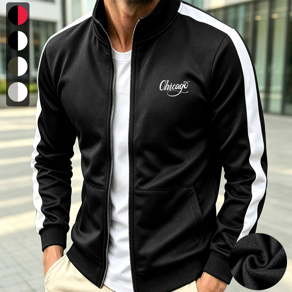 Men's Floral English Print Stand Collar Zipper Jacket Spring And Autumn Outdoor Running Fitness Training Casual Sports Jacket