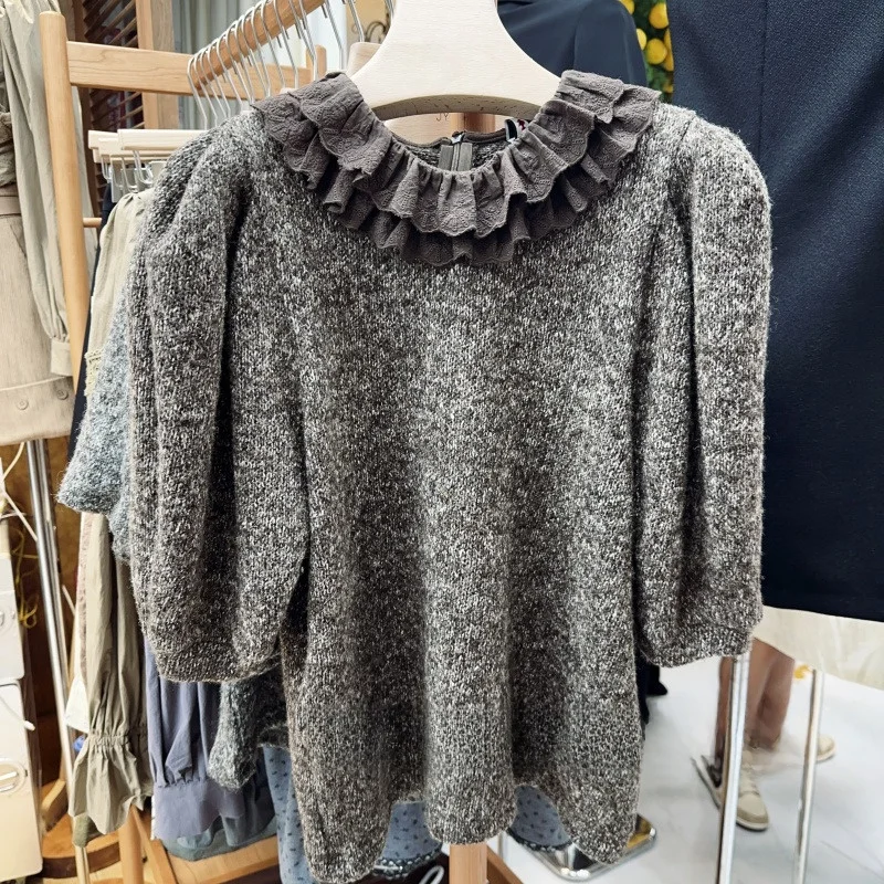 

French Style Lace Trimmed Double Layered Doll Collar Bubble Sleeve mid Sleeve Sweater Feminine Top for Young Women Spring Wear