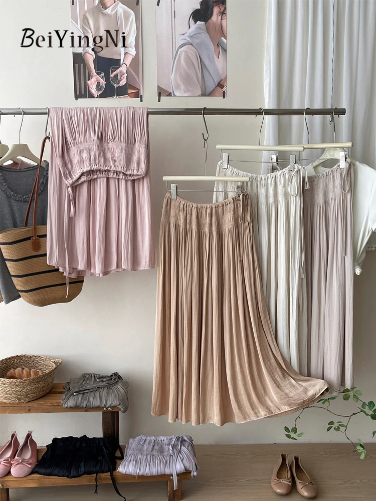

Beiyingni 2026 Senior Classy Women's Skirts Summer Casual Flowy Satin Female Pleated Skirt Retro Seaside Drawstring Pink Skirt