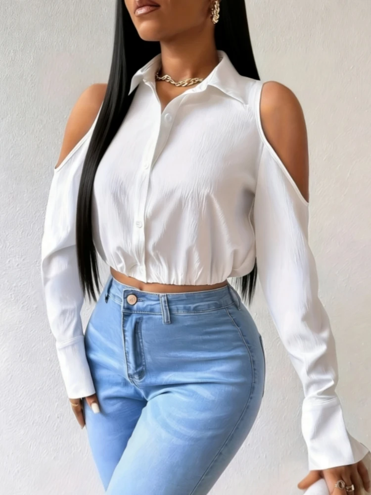 

Spring/Summer New Women's Sexy Hollow Out Shoulder Hot Girl Long Sleeve Short Open Waist Shirt with Elastic Hemp Top