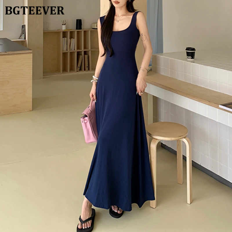 

BGTEEVER Elegant Slim Waist Female Sleeveless Floor-Length Party Dress Spring Summer Square Collar Women Solid A-line Dress