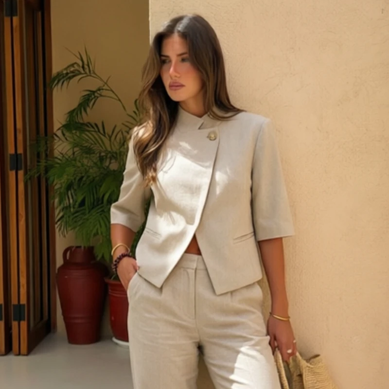 Elegant Women's Cropped Blazer Summer Short Sleeve Blazers For Woman Stand-Collar Commute Blazer Office Look Fashion Women Tops