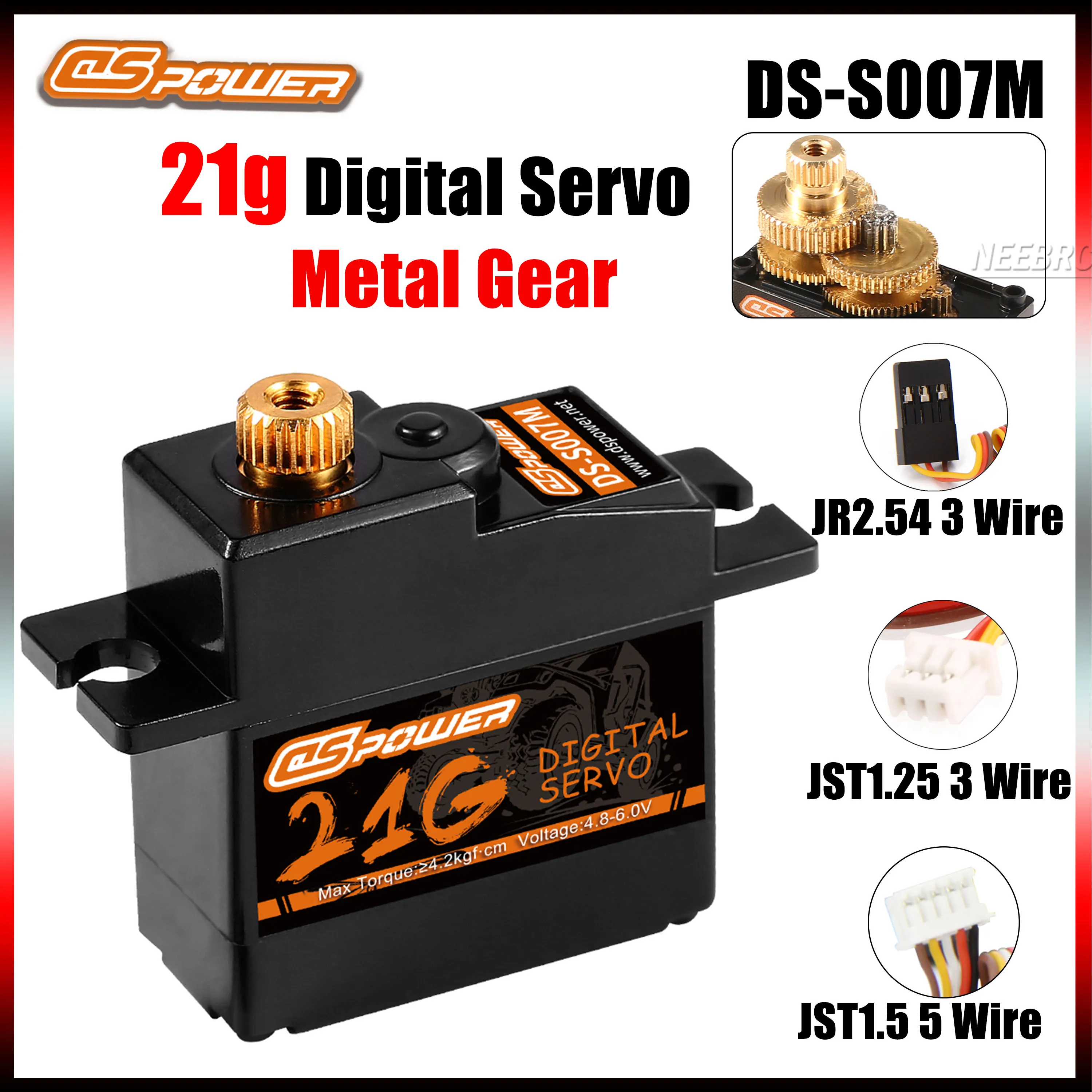 

DSPOWER 21g Metal Gear Micro Digital Servo Motor 4.8~6.0V 4.2KG Torque for 1/18 1/16 Rc Cars Mjx Hyper Boat Robot Accessories