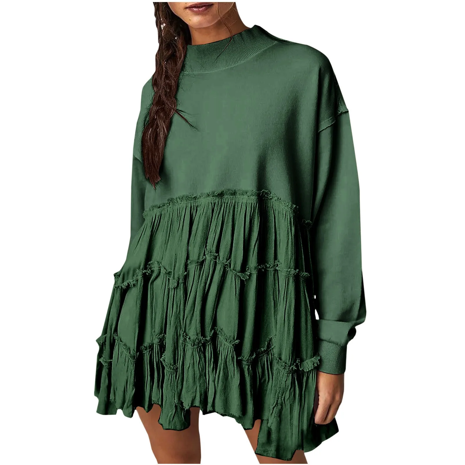 Women Oversized Pullover Sweatshirt Dress Long Sleeve Mock Neck Solid Ruffle Loose Sweatshirts Ladies Autumn Loose Sweatshirts