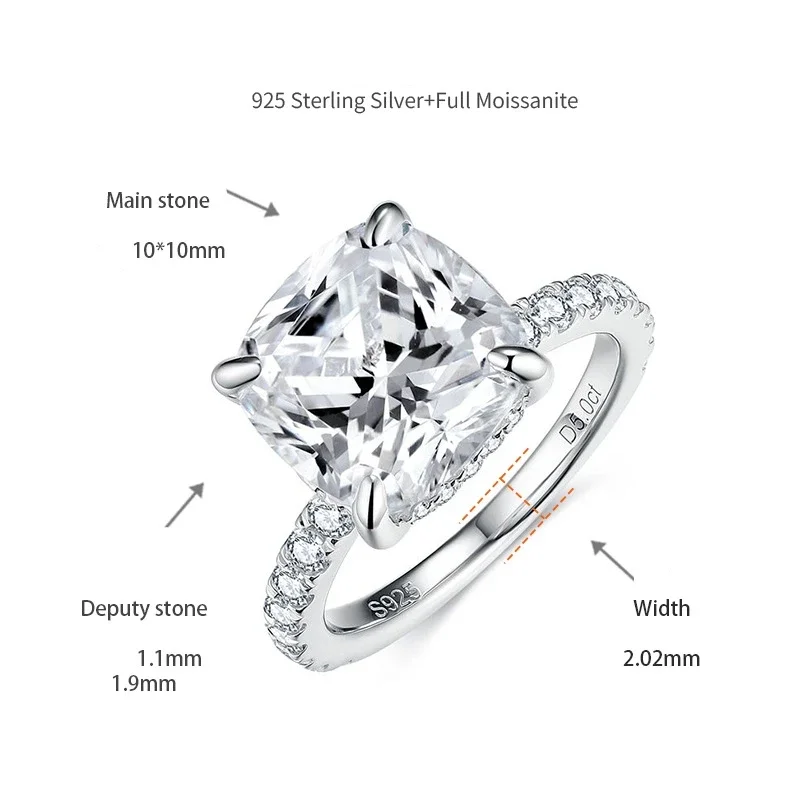 10MM 5CT Cushion Cut D Color Moissanite Ring For Women S925 Silver 18K White Gold Plated Lab Diamond Wedding Ring  Jewelry