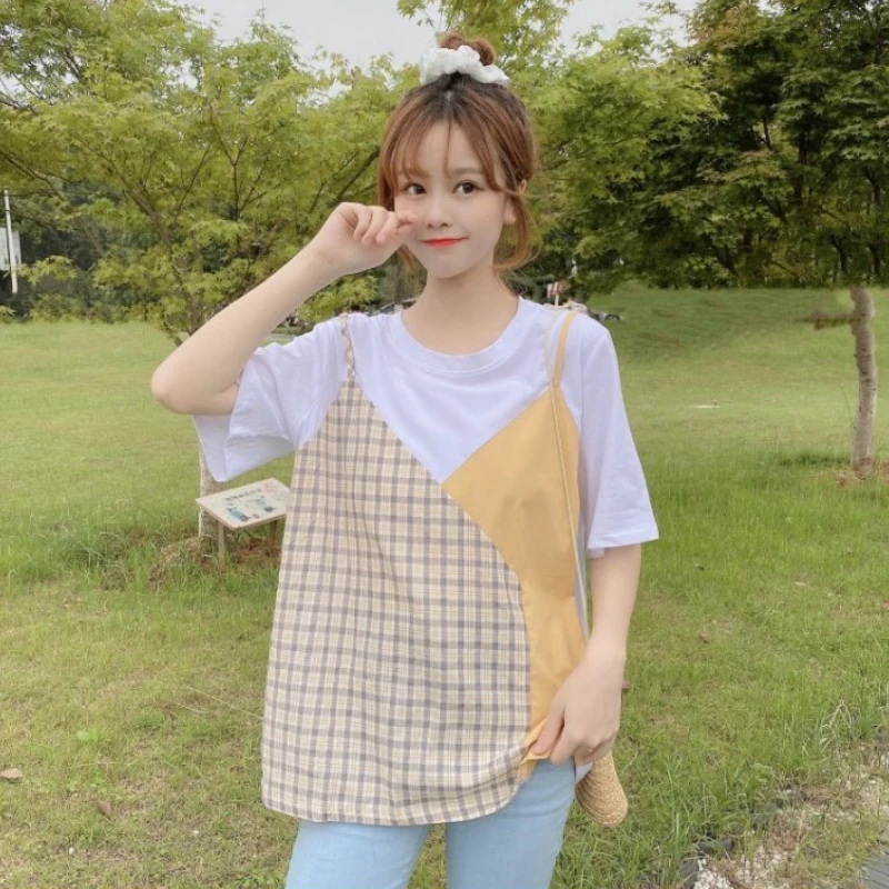 Kurzarm T-shirts Frauen Gefälschte Zwei Stück Tops Sommer Junge Student Mode Koreanischen Stil Ins Einfach Alle-spiel Patchwork Beliebt