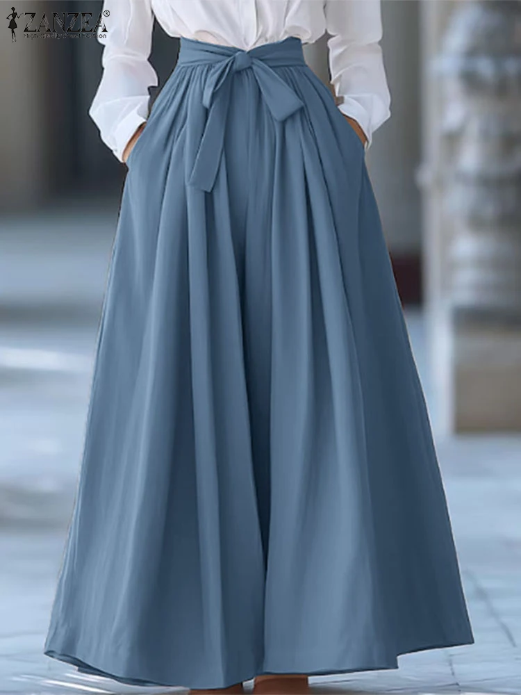 

ZANZEA Fashion Office Work Pants Women Long Trousers High Street Lace-Up Bow Wide Leg Pants 2025 Casual Pockets Bottoms