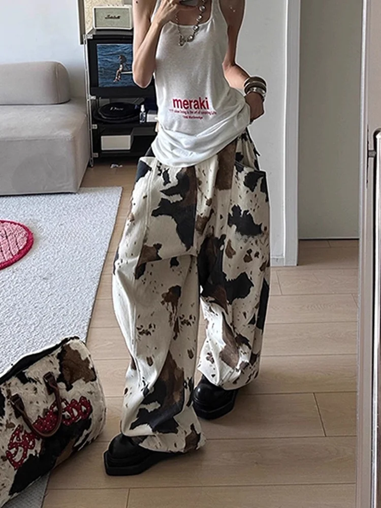 

Retro American High Street Design Sensation Tanned Cow Pattern Jeans Women Summer Wide Leg Loose Floor-Length Pants