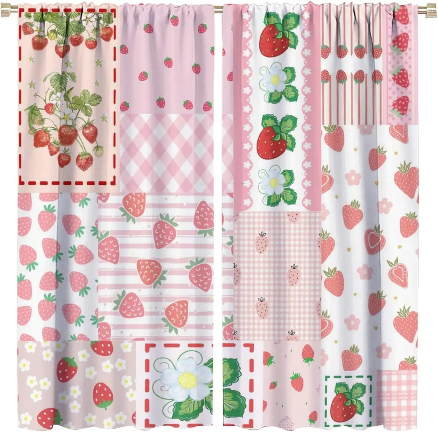 Cute Strawberry Floral Patchwork Curtains Polyester Window Curtain Drapes for Living Room Bedroom Aesthetic Home Decoration Set