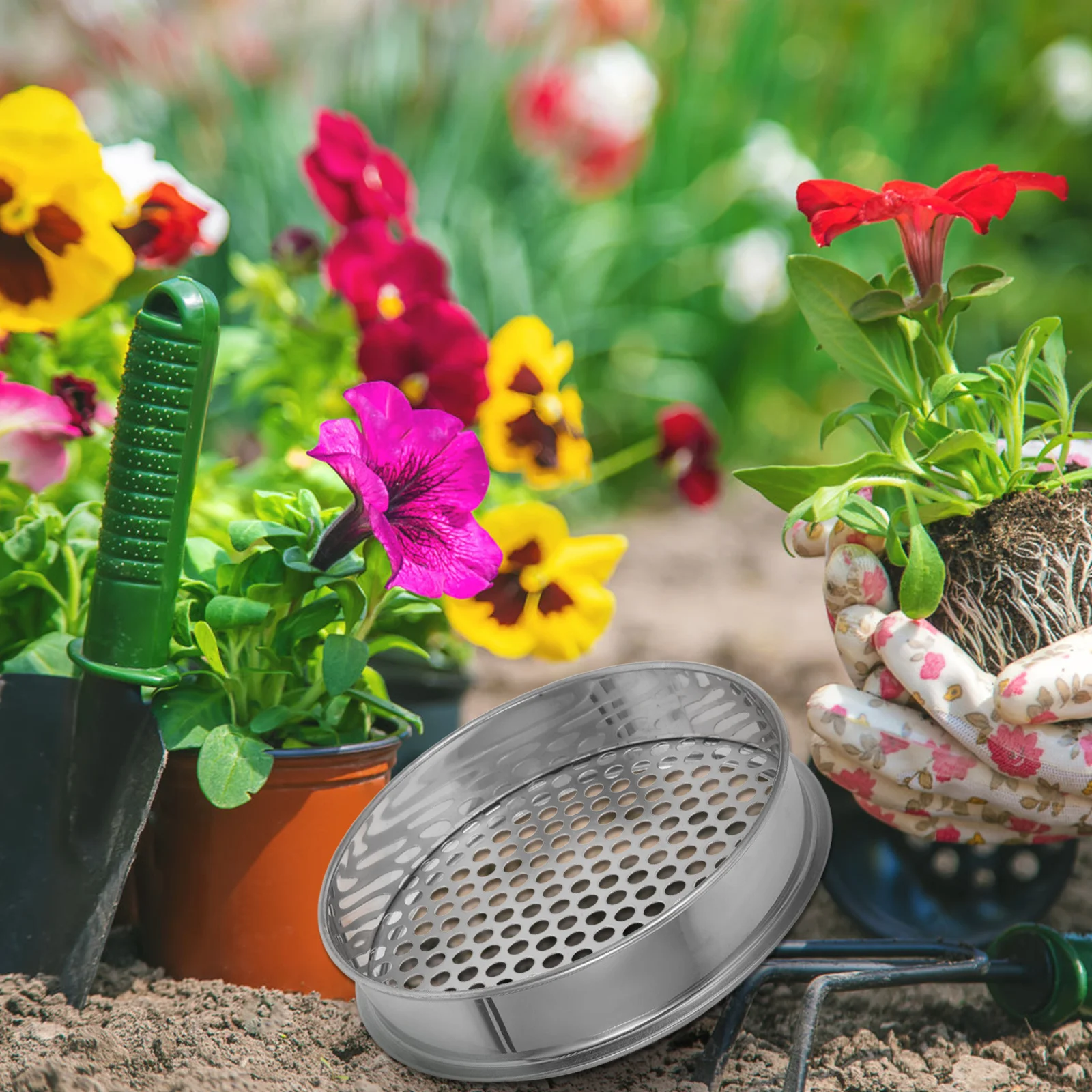 

Round Hole Sieve Stainless Steel Sifting Pan For Garden Soil Sand Compost Filtering Tool Garden Sifter Soil Sieve