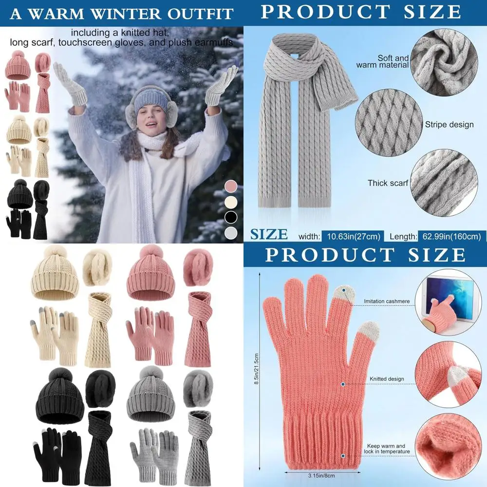 

Winter Warm Knitted Beanie, Scarf, Gloves & Ear Muffs Set for Women & Men