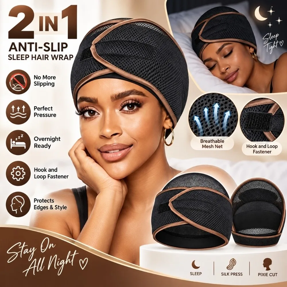 2-in-1 Design Anti-Slip Hair Wrap Adjustable Anti-Slip Pixie Cut Hair Cap Comfortable Snug Fit Mesh Durag Cap Nighttime Routine