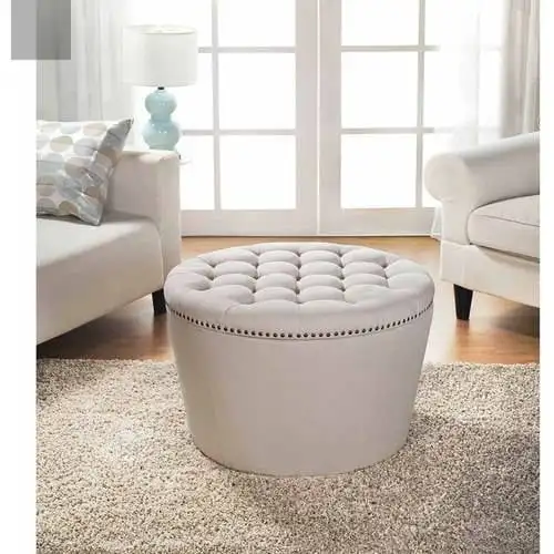 Modern Indoor Round Tufted Storage Ottoman with Nailheads, Cream