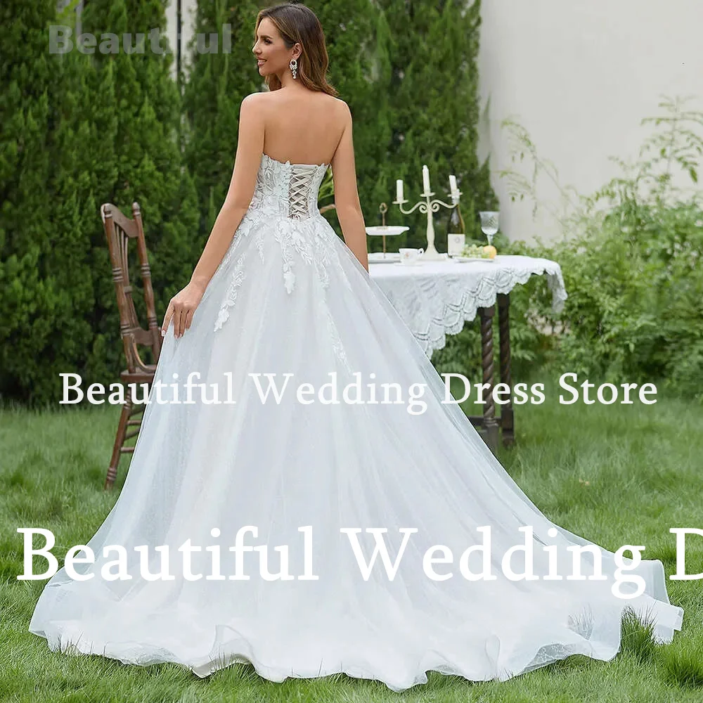 New White Wedding Dress For Women Strapless Sleevelss With Flowers Appliques A-Line Tulle Vestidos 2024 Bridal Gown Vestidos de